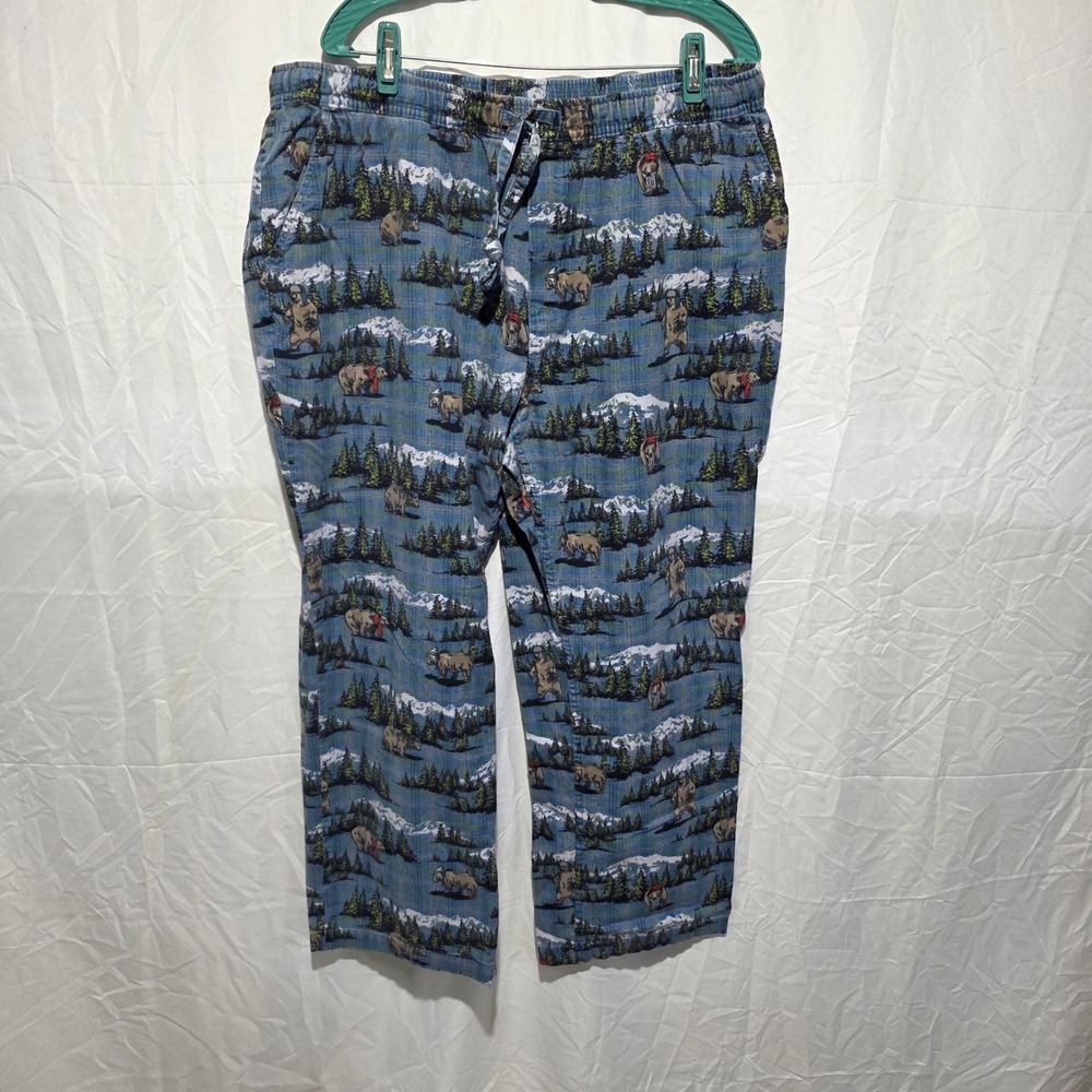 Eddie Bauer Mens XL Flannel Pajama Pants Blue Mountain Bear Wildlife Print Sleep